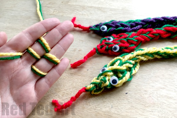 finger knitted snakes