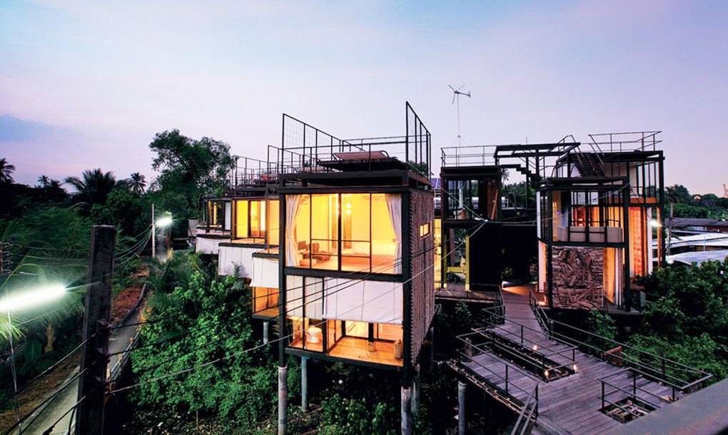 modern tree house in jungle setting