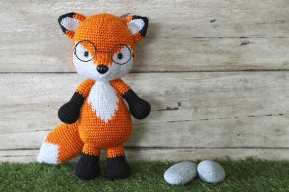 crocheted fox with glasses